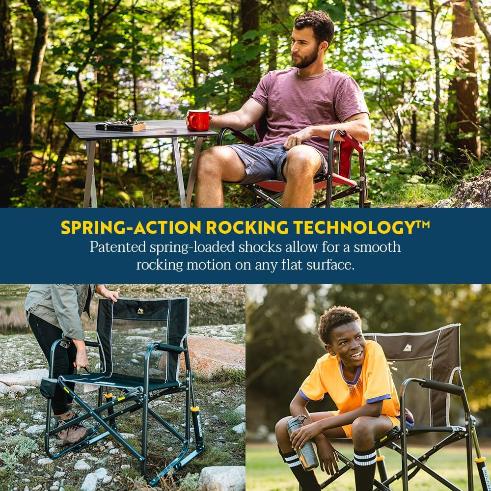 Freestyle Rocker Camping Chair | Portable Folding Rocking Chair with Solid, Durable Armrests, Drink Holder & Comfortable Backrest — Indigo Blue