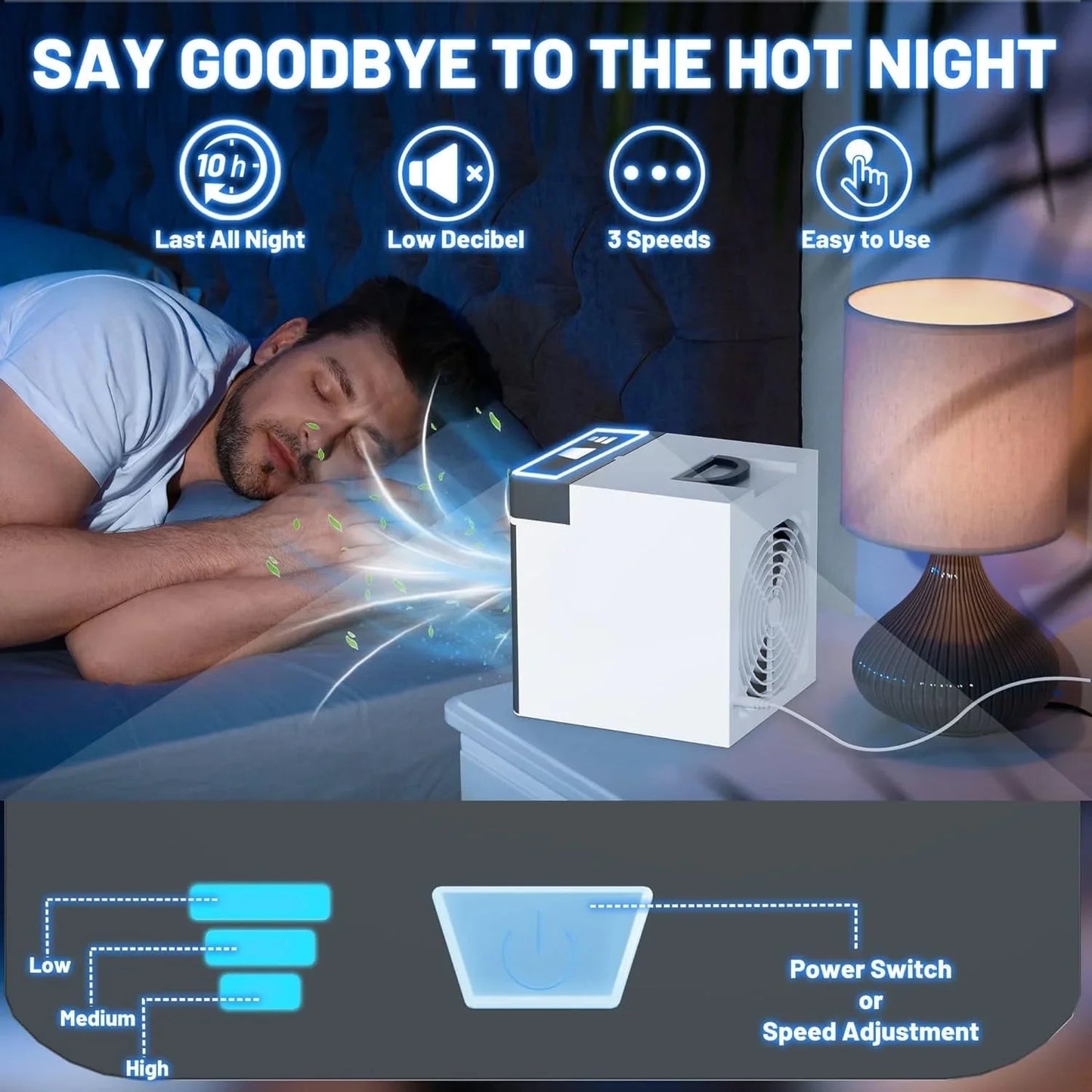 Portable Air Conditioners Fan, Anti-Leakage Water Mini Air Cooler with 3 Speeds, Personal Ice Air Conditioner for Room Desk Office Home Tent