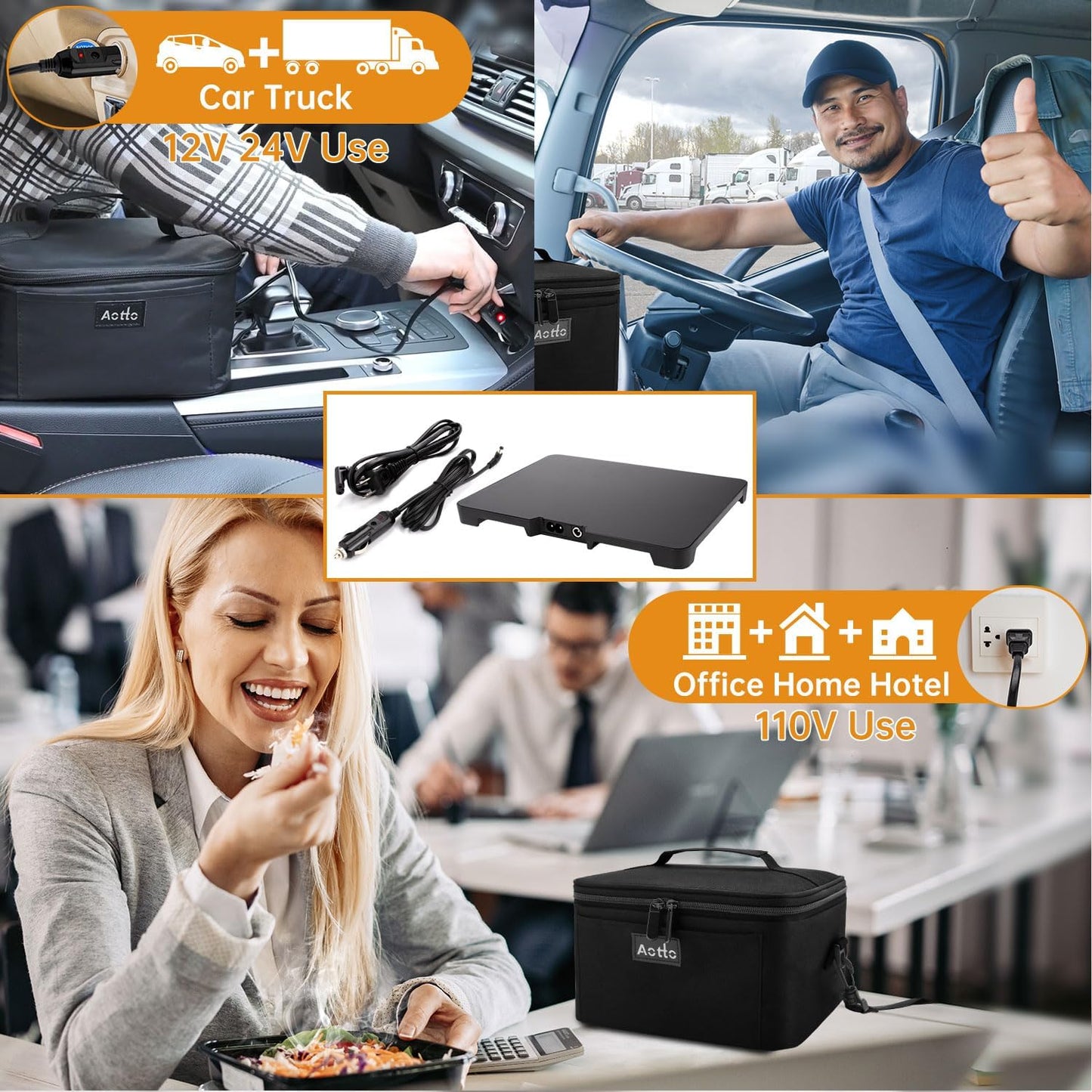 Portable Oven, Electric Lunch Box Food Heater - 12V/24V/110V 3-In-1 Car Food Warmer - Mini Personal Microwave Heated Lunch Box Warmer for Car, Truck, Travel, Office & Home Use - Black