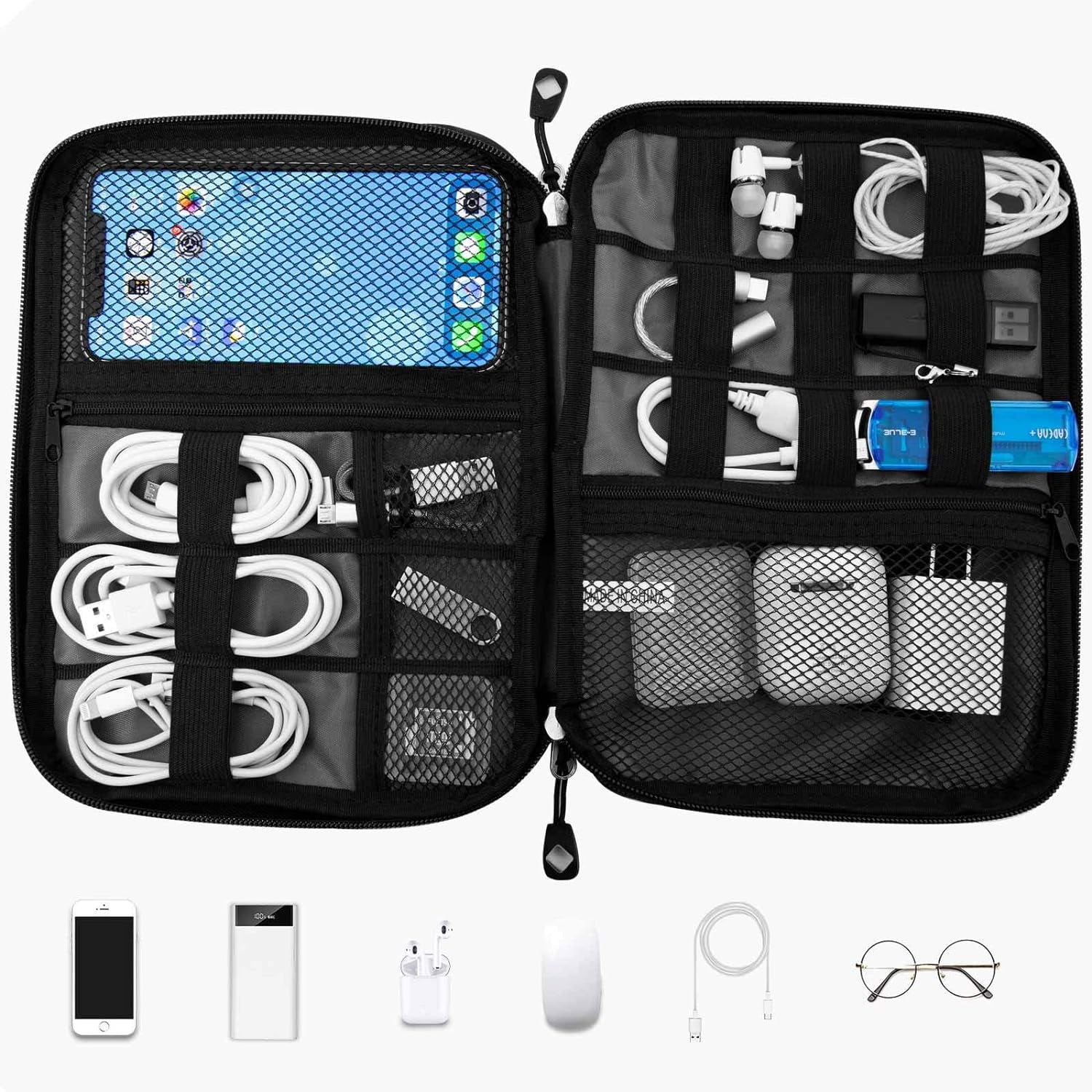 Travel Cable Organizer Bag Waterproof Portable Electronic Accessories Organizer for USB Cable Cord Phone Charger Headset Wire SD Card with 5Pcs Cable Ties(Blue)