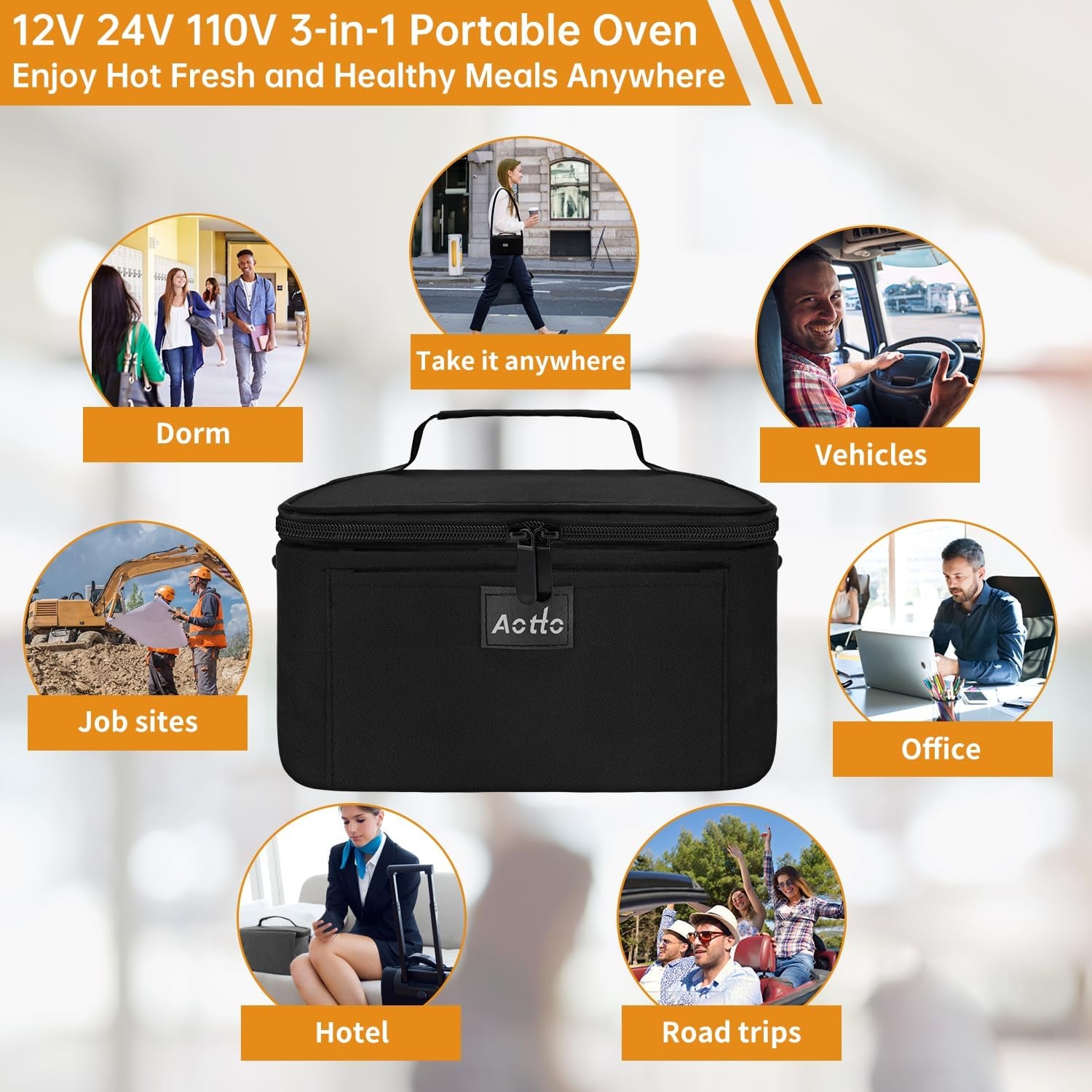 Portable Oven, Electric Lunch Box Food Heater - 12V/24V/110V 3-In-1 Car Food Warmer - Mini Personal Microwave Heated Lunch Box Warmer for Car, Truck, Travel, Office & Home Use - Black