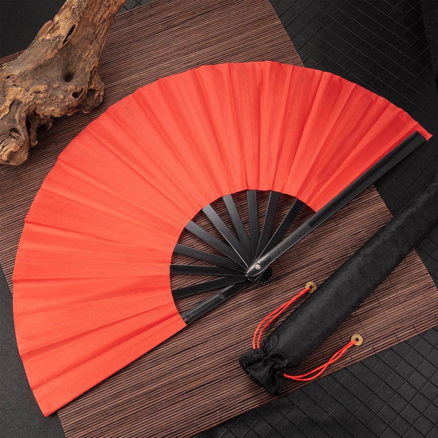 2 Packs Large Clap Fans for Line Dancing Large Chinese Folding Hand Fans for Men and Women, Festival, Tai Ji, Kungfu, Martial Art, Gifts (Red)